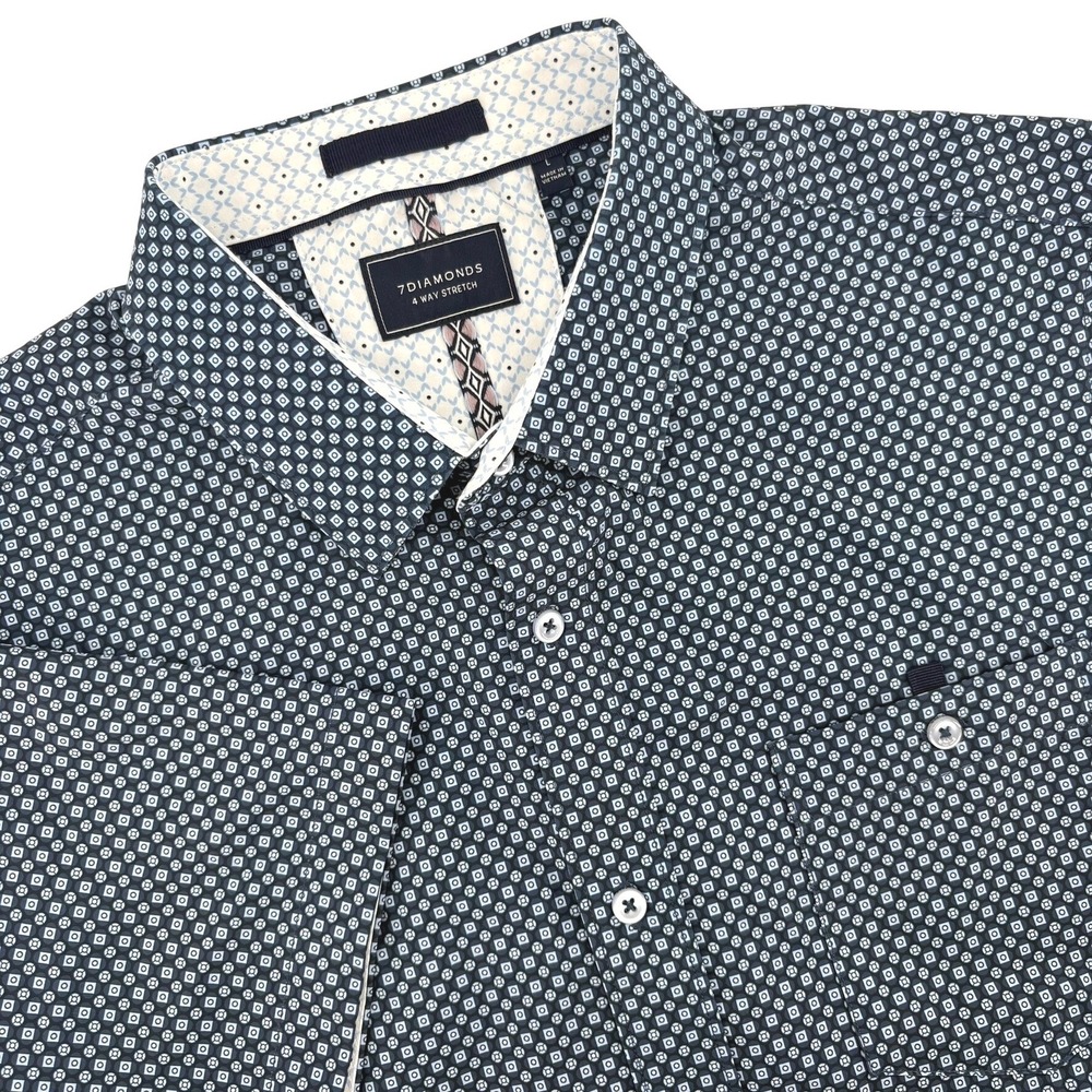 7Diamonds Mens Navy Geometric‎ 4-Way Stretch Short Sleeve Button Down SMK-7446